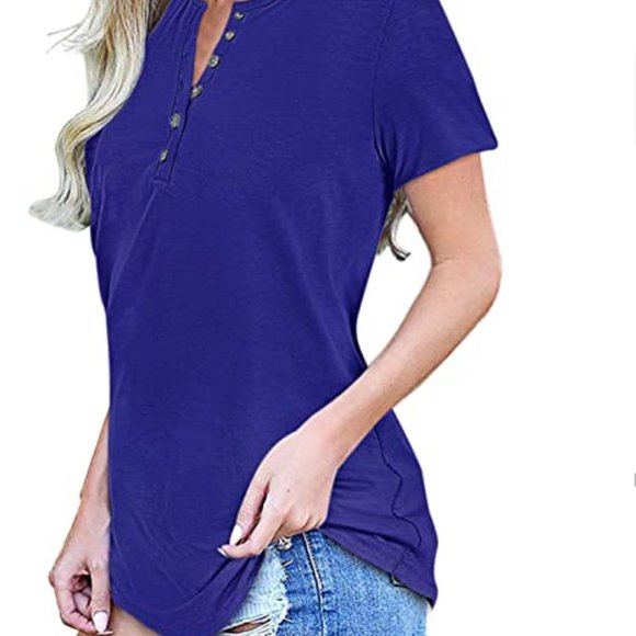 WNEEDU Women's Henley T Shirts Causal Short Sleeve Button Up V Neck Tops Blouse, - Picture 3 of 3